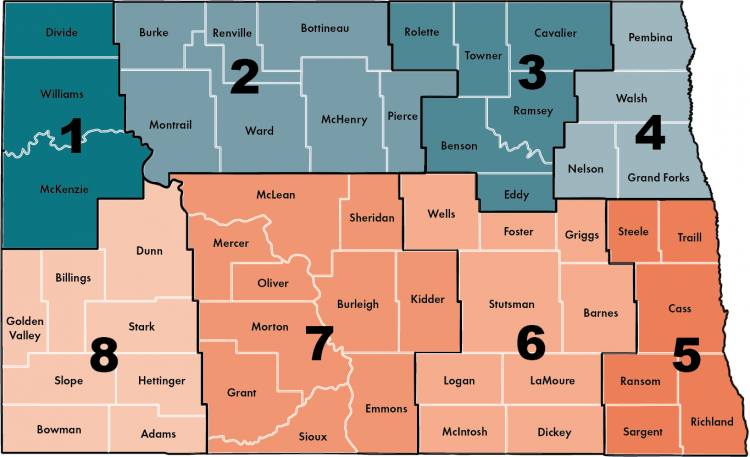 map of North Dakota with outlines around every county and color coding for all 8 regions