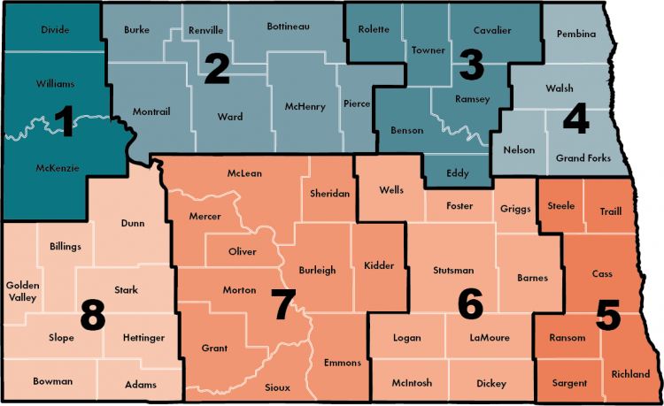 map of North Dakota with counties and regions outlined