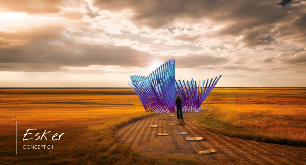 Rolling golden prairie grasslands and bright cloudy skies above, with a blue art installation in the center showing rows of arched beams circling each other