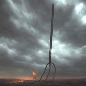 A barren prairie at dusk with mostly cloudy skies above, showing a huge pitchfork sticking out of the ground