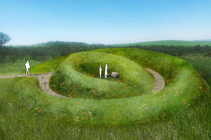 Artist Thane Lund rendering showing oval earthwork design on an open grassy prairie 