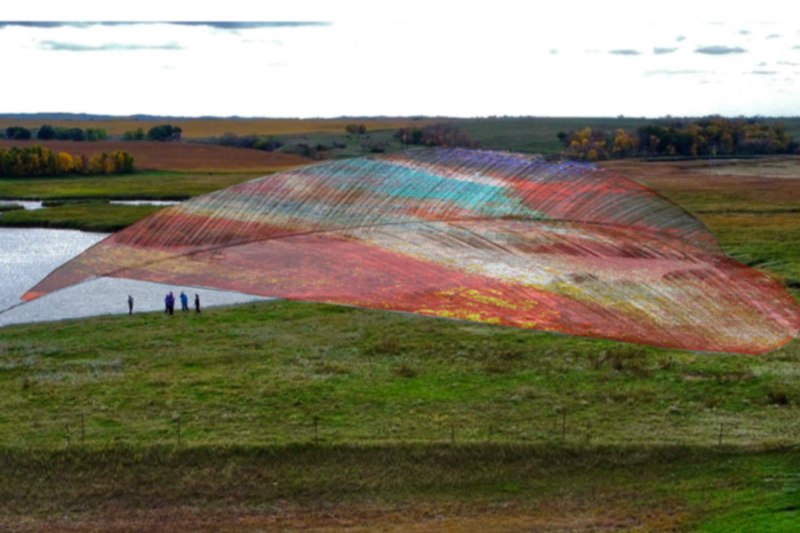 Artists Alan and Nicole Milligan's rendering of an 80' stained glass feather arching over prairie grassland with a little pond on the side