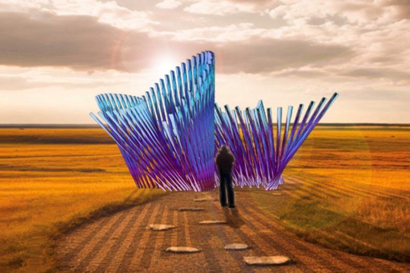 Artist James Peterson rendering of dozens of blue tubes placed in circular lines, extending into the sky from fall prairie grasslands